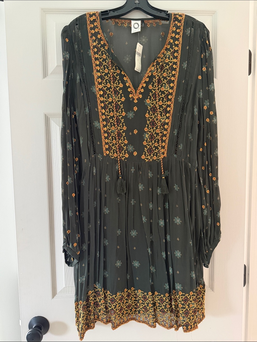Anthropologie Bohemian Embroidered V-Neck Dress in Dark Green